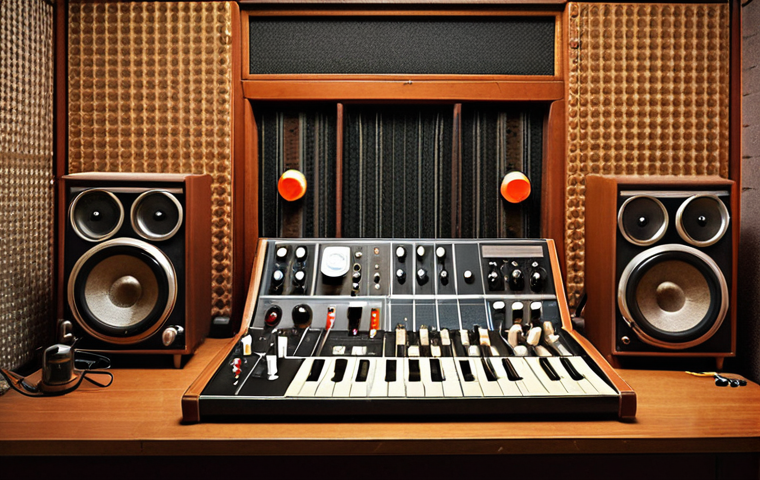 **Vintage Recording Studio:** An old-fashioned recording studio with analog equipment. Include elements like a reel-to-reel tape recorder, a mixing console with lots of knobs and dials, and a microphone. Aim for a warm, nostalgic feel.